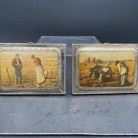 Pair of Jean Francois Millet Prints Angelus Farmers The Gleaners Convex Glass - Picture 1 of 12